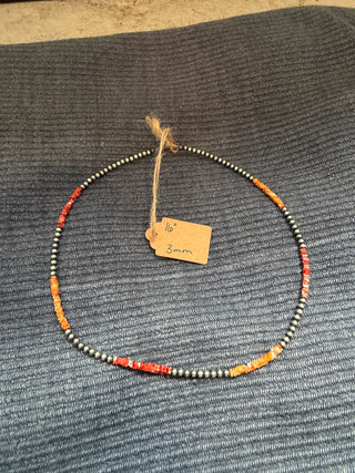 16" 3mm Navajo Pearl Necklace with Amber and Red Stones - RYSC