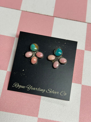 Kingman and Pink Conch Cluster Earrings