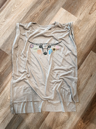 Flowered Longhorn Cuffed Tank